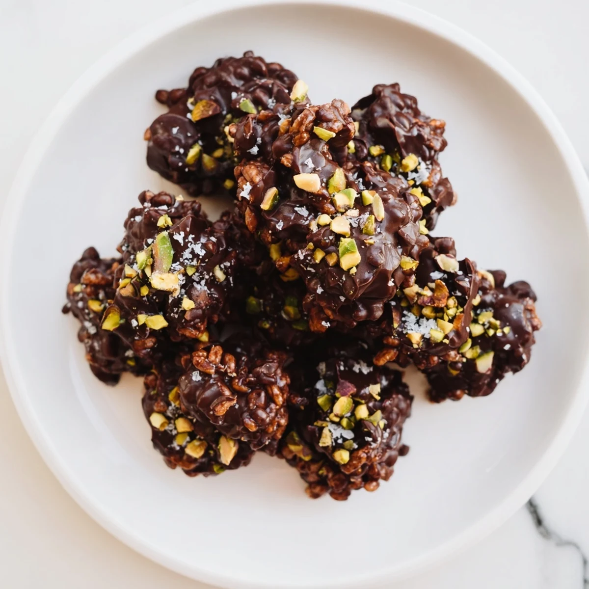 Bite-sized dark chocolate pistachio date crunch clusters sprinkled with sea salt on parchment paper