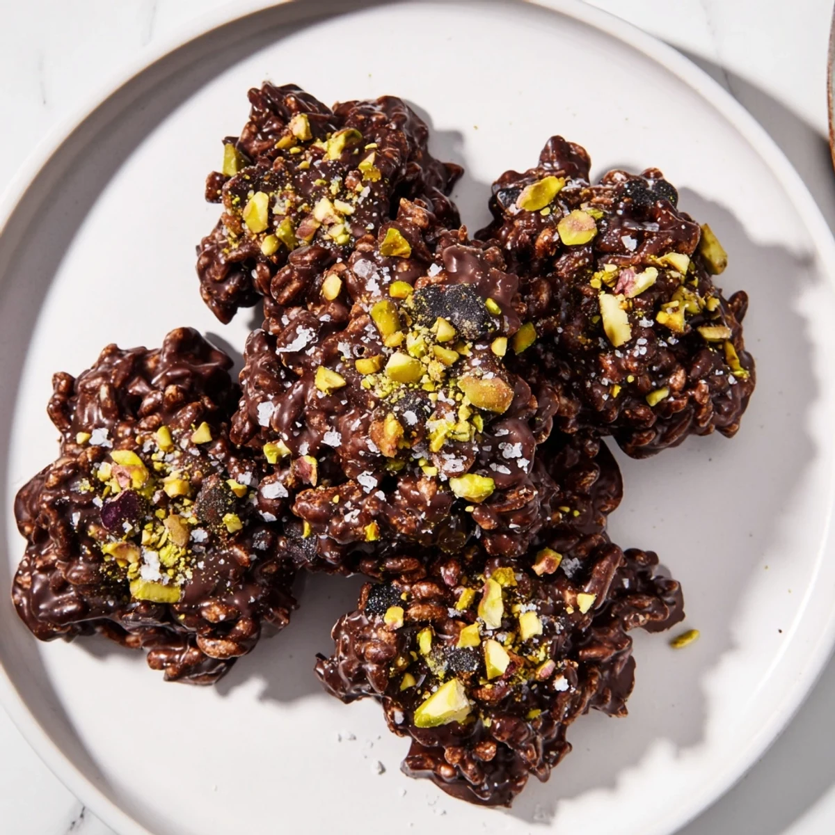 Rich dark chocolate coated clusters featuring chewy dates and crunchy pistachios on a white plate