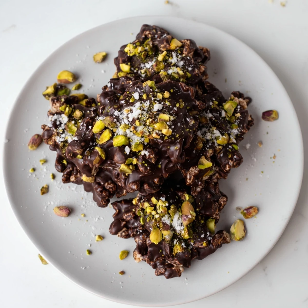 Homemade dark chocolate pistachio date crunch clusters glistening with melted chocolate and green nut pieces