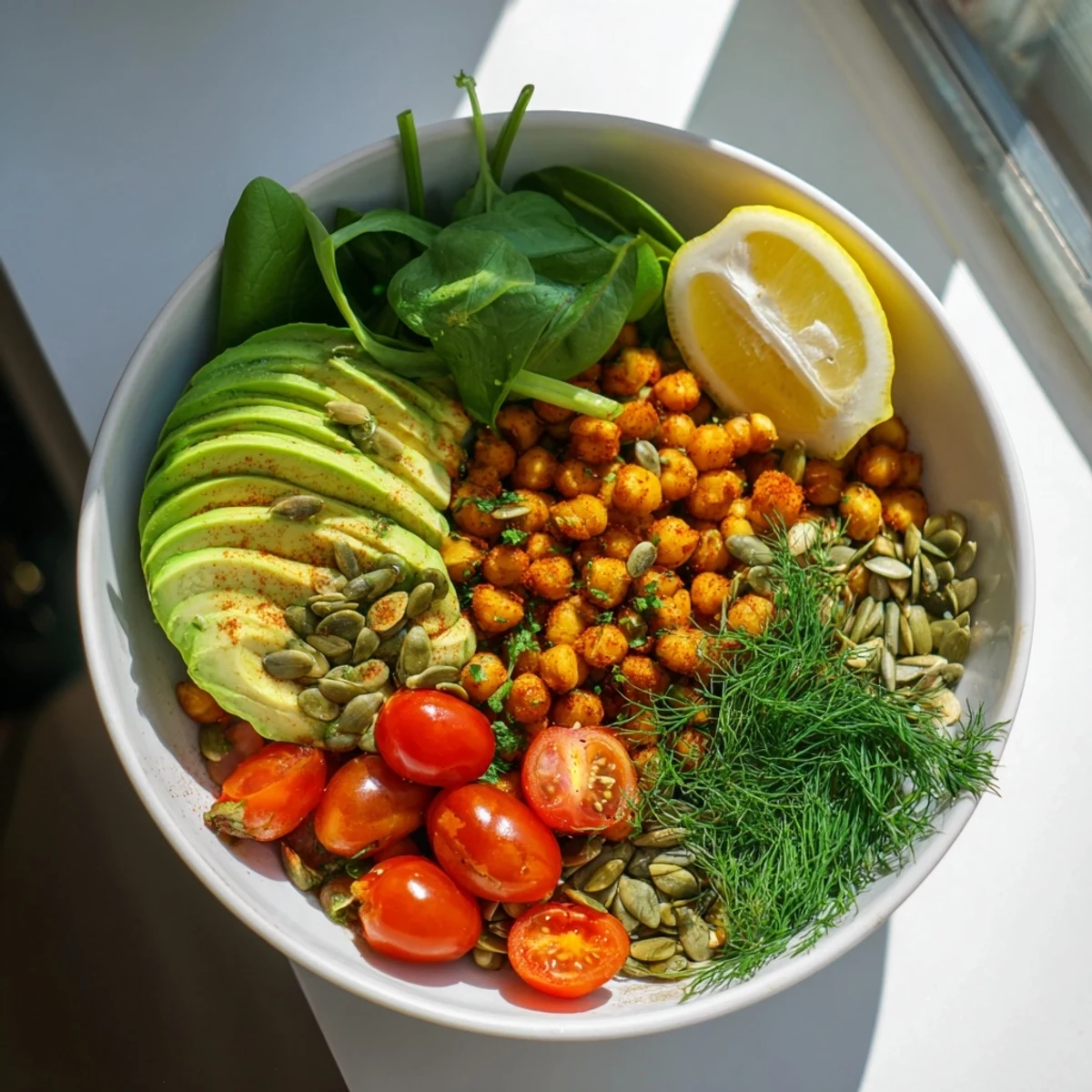 Golden crispy chickpeas with creamy avocado slices in a savory garlic herb breakfast bowl