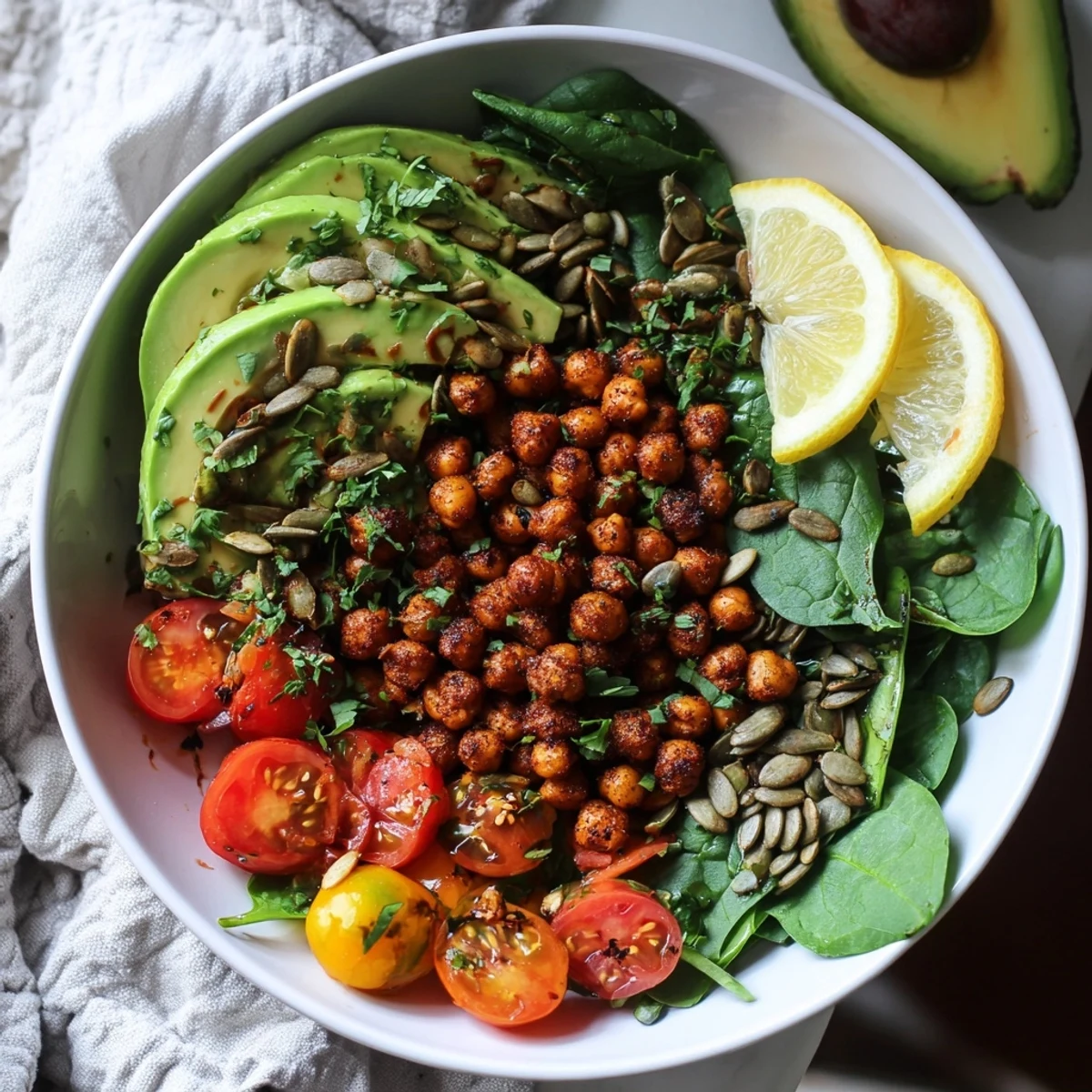 Vibrant chickpea and avocado breakfast bowl topped with fresh herbs and juicy cherry tomatoes