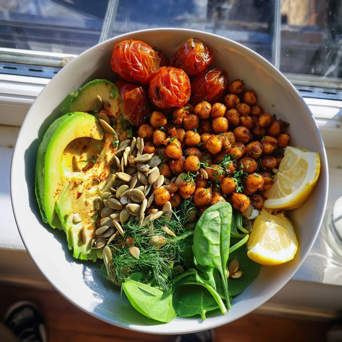 Protein-packed savory breakfast bowl featuring garlicky chickpeas, ripe avocado, and colorful vegetable toppings