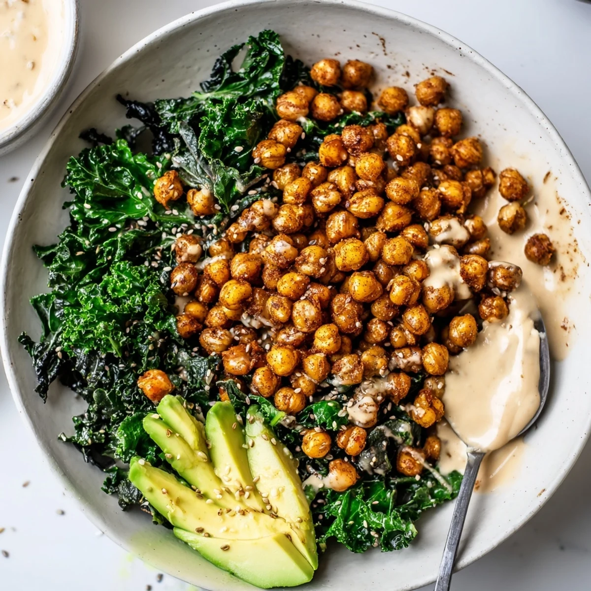 Savory Lemon Tahini Chickpea and Kale Breakfast Bowl with golden crispy chickpeas and avocado