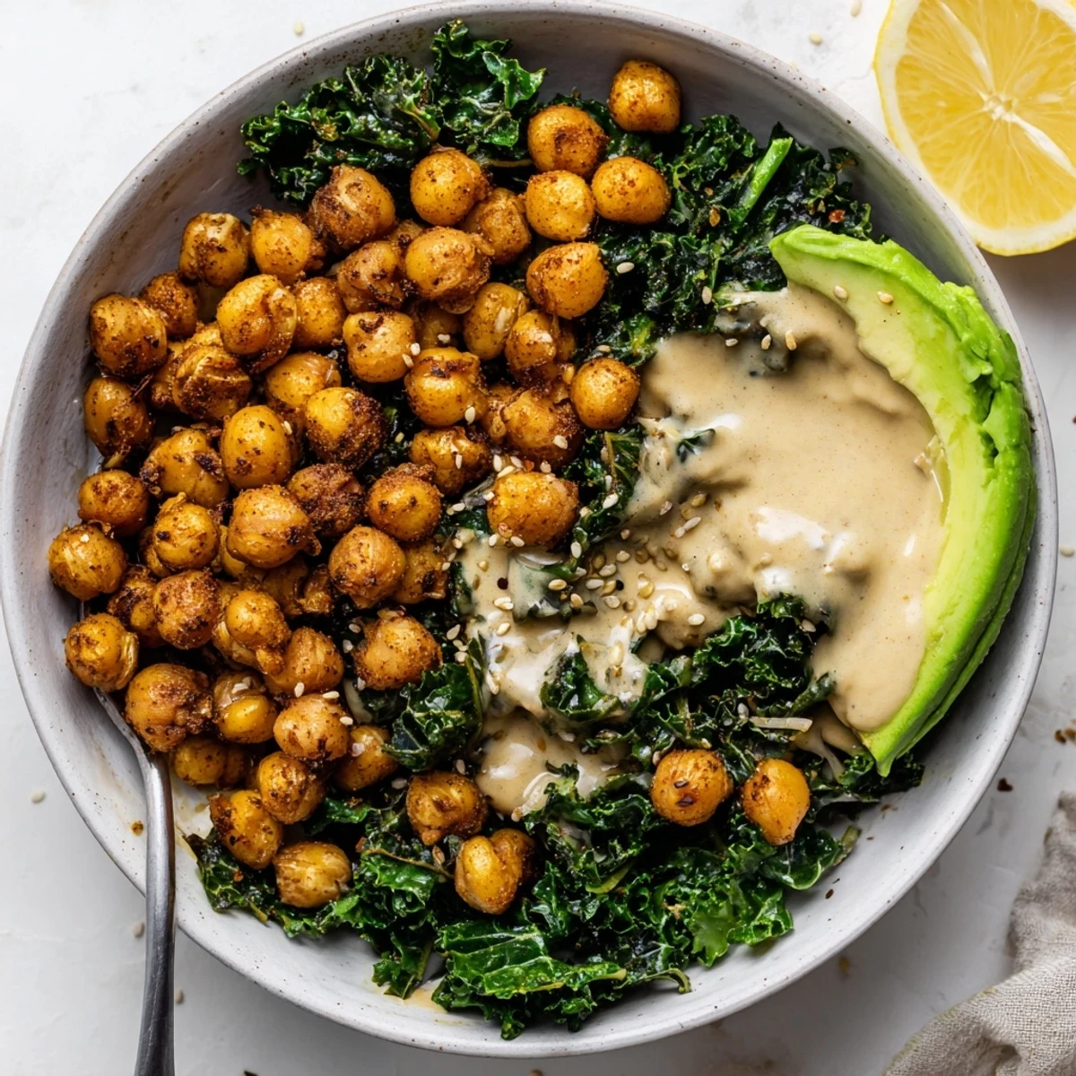 Warm roasted chickpeas, bright kale, avocado — Savory Lemon Tahini Chickpea and Kale Breakfast Bowl