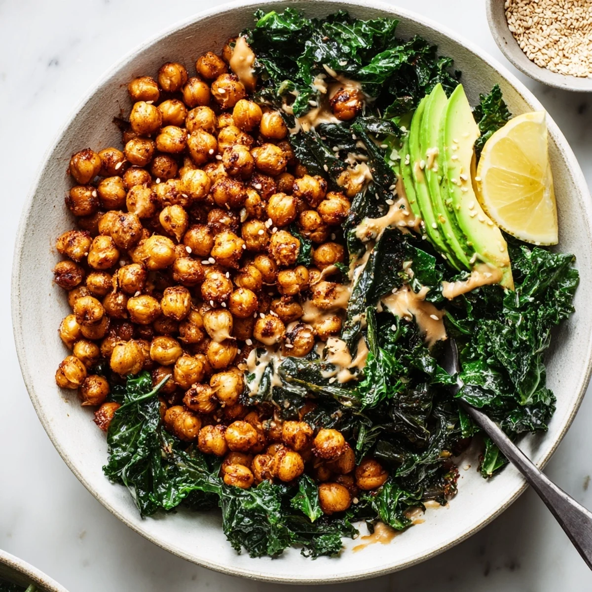 Morning light over Savory Lemon Tahini Chickpea and Kale Breakfast Bowl, seeds sprinkled