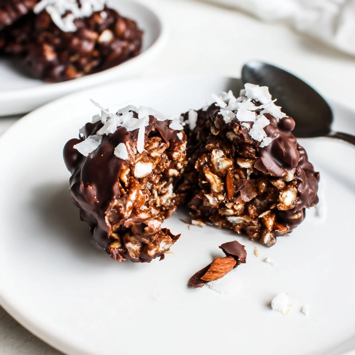 Bite-sized Dark Chocolate Almond Butter Coconut Crunch Clusters topped with flaky sea salt