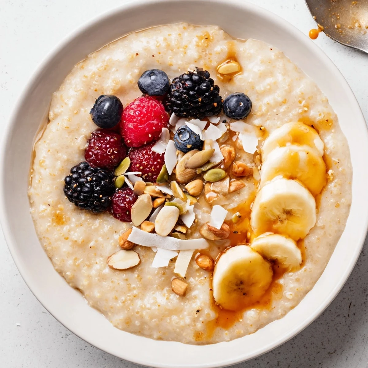 Creamy Vanilla Maple Amaranth Porridge Breakfast Bowl topped with fresh berries