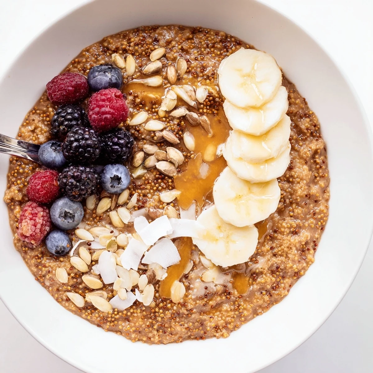 Warm Vanilla Maple Amaranth Porridge Breakfast Bowl steaming, fragrant and lightly sweet