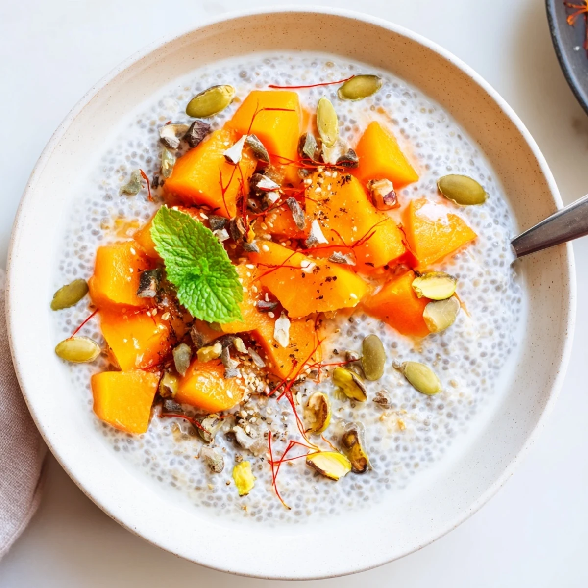 Creamy Papaya Coconut Saffron Chia Breakfast Bowl with diced papaya, toasted coconut.