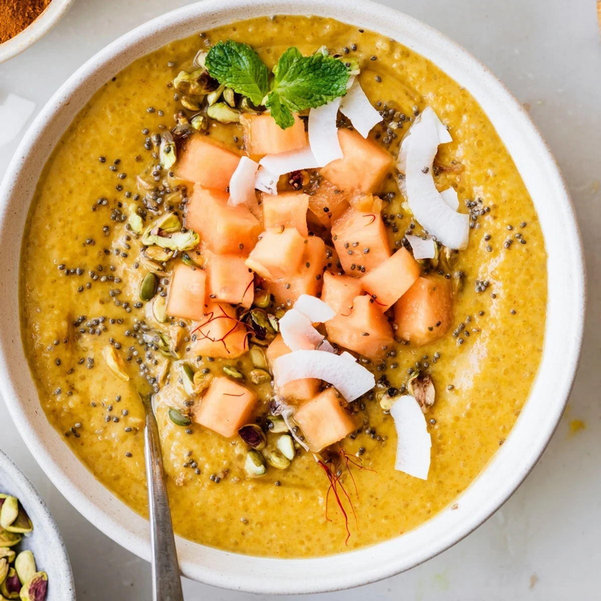Vibrant Papaya Coconut Saffron Chia Breakfast Bowl drizzled with honey, crunchy pumpkin seeds.