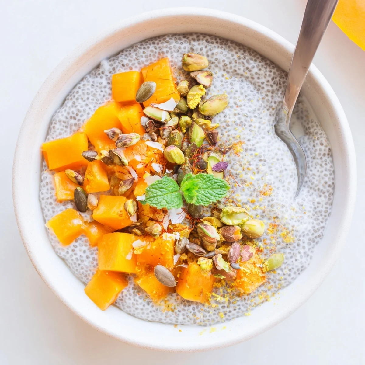 Chilled Papaya Coconut Saffron Chia Breakfast Bowl garnished with pistachios and mint.