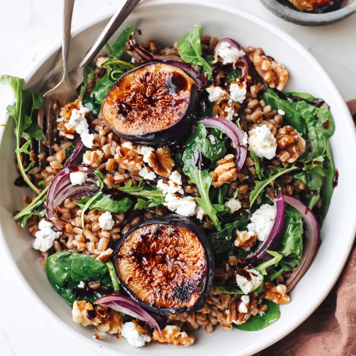 Roasted Fig Balsamic Farro Grain Salad drizzled with tangy balsamic dressing, picnic-perfect