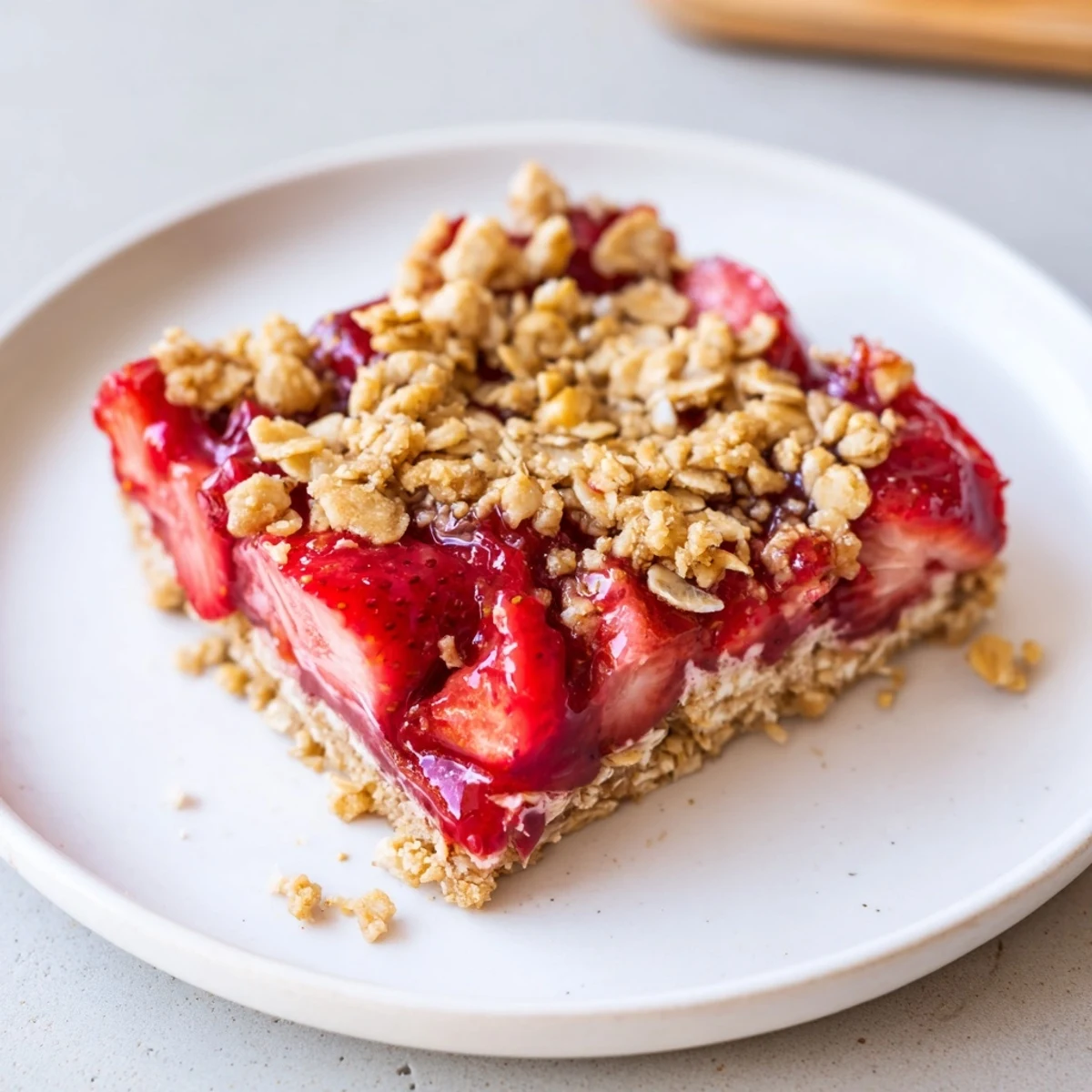 Strawberry Vanilla Cashew Cream Crumble Bars cooling on parchment, glossy strawberry compote.