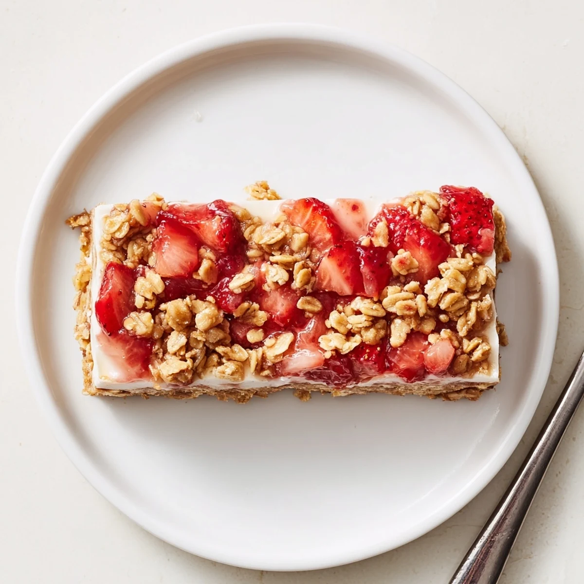Sliced Strawberry Vanilla Cashew Cream Crumble Bars chilled, silky cashew cream and oat crumble.