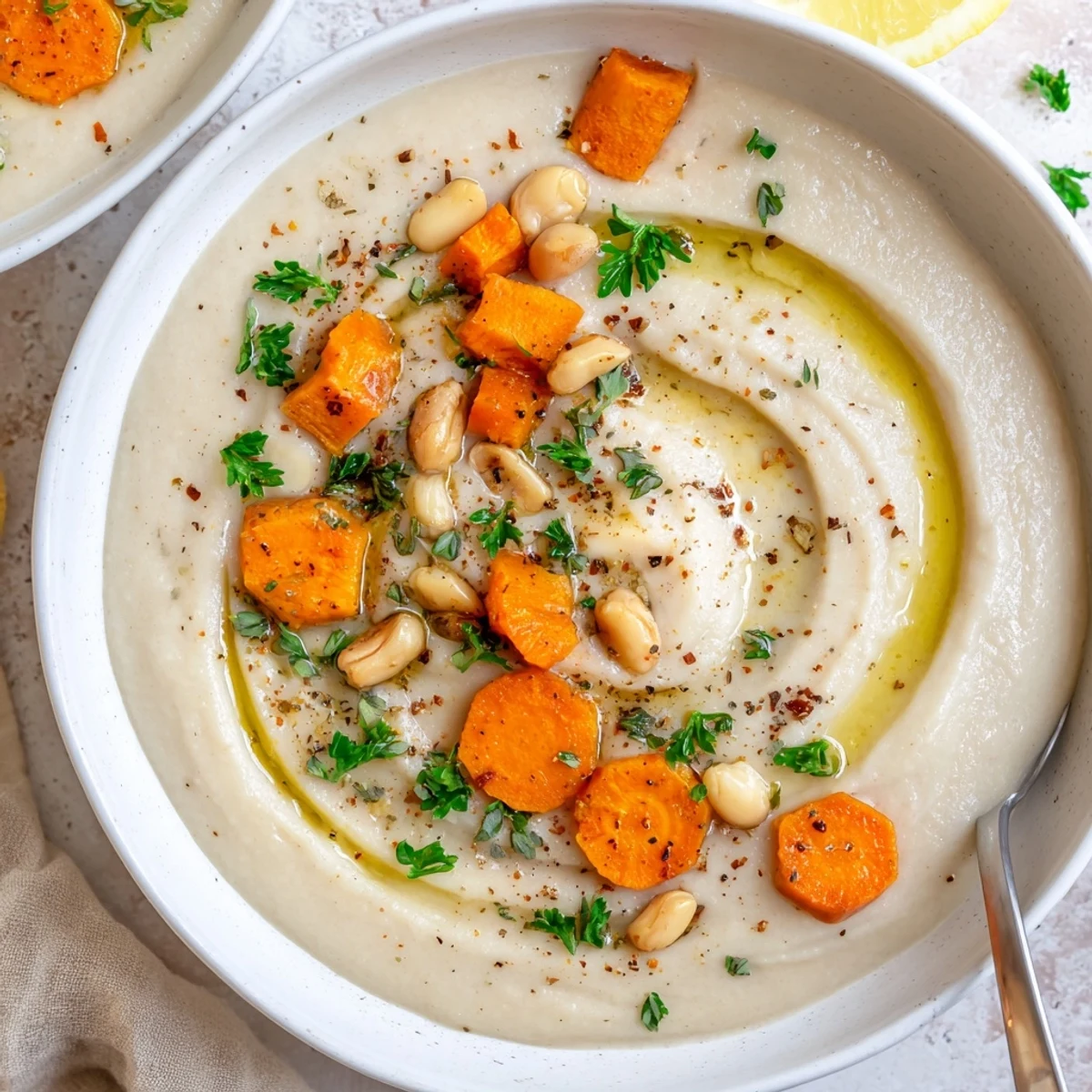 Creamy Roasted Celery Root and White Bean Hearty Soup, velvety bowl garnished with parsley