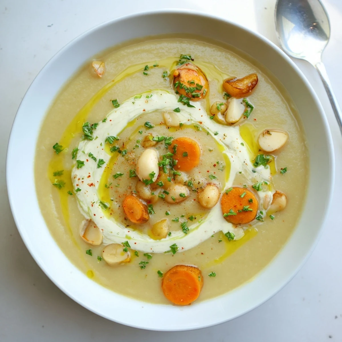 Steaming bowl of Creamy Roasted Celery Root and White Bean Hearty Soup, olive-drizzled