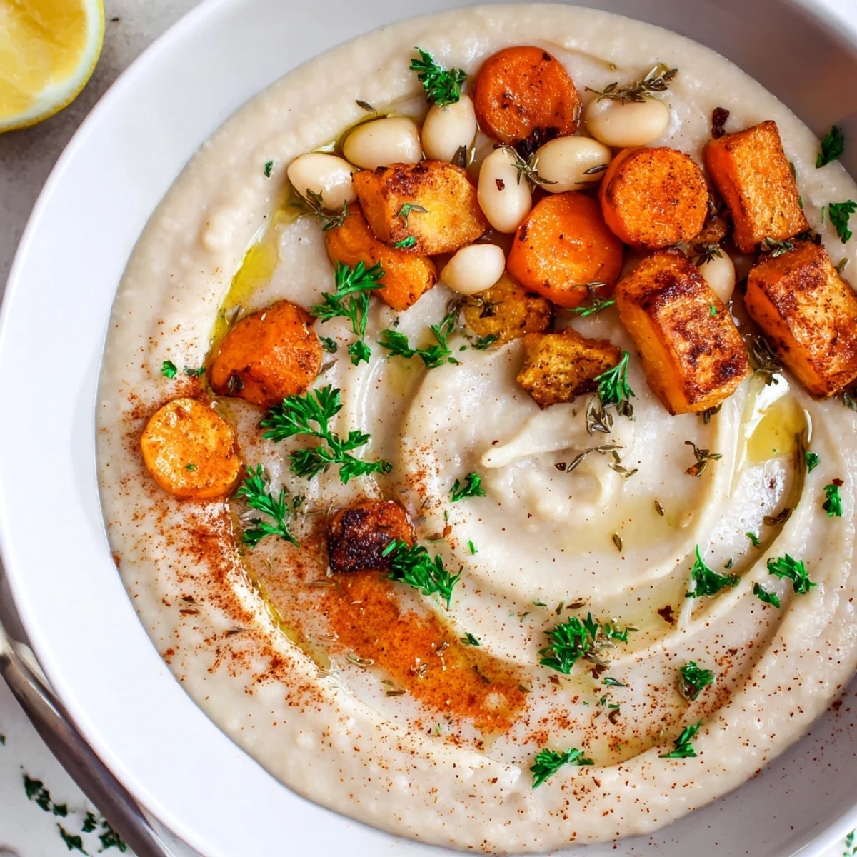 Warm bowl of Creamy Roasted Celery Root and White Bean Hearty Soup, lemon-kissed
