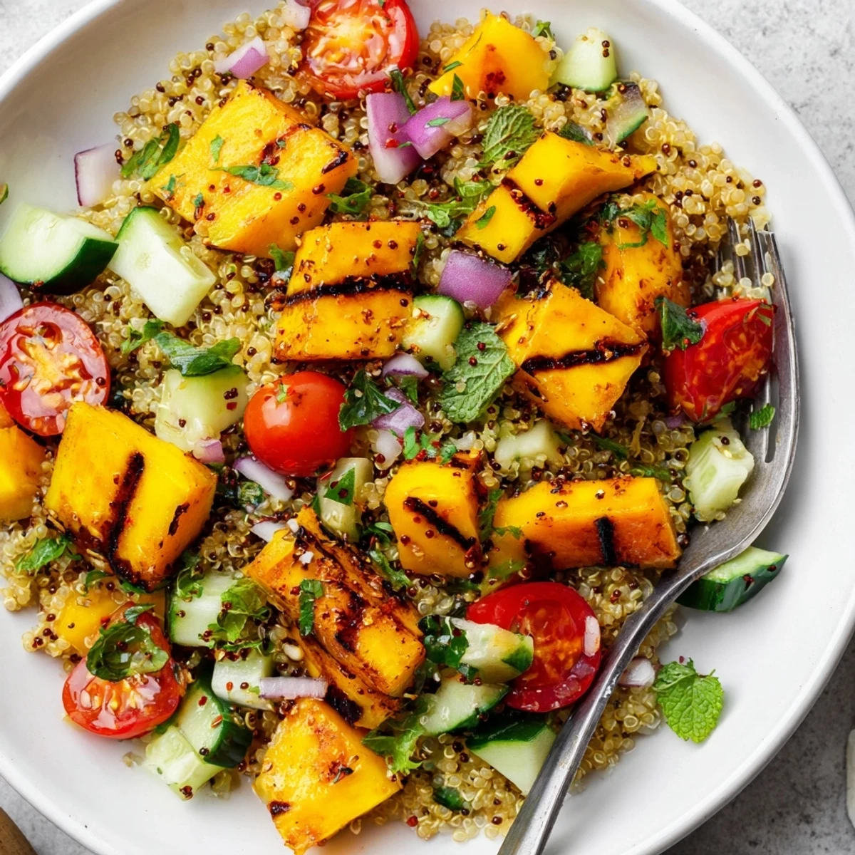 Colorful Grilled Mango Cilantro Quinoa Grain Salad served chilled with lime zest