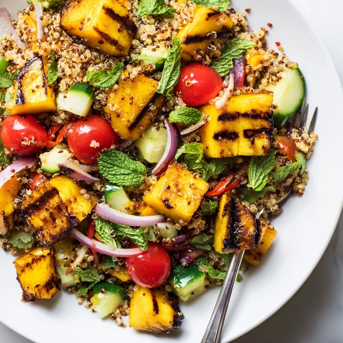 Grilled Mango Cilantro Quinoa Grain Salad with charred mango, fluffy quinoa, bright lime
