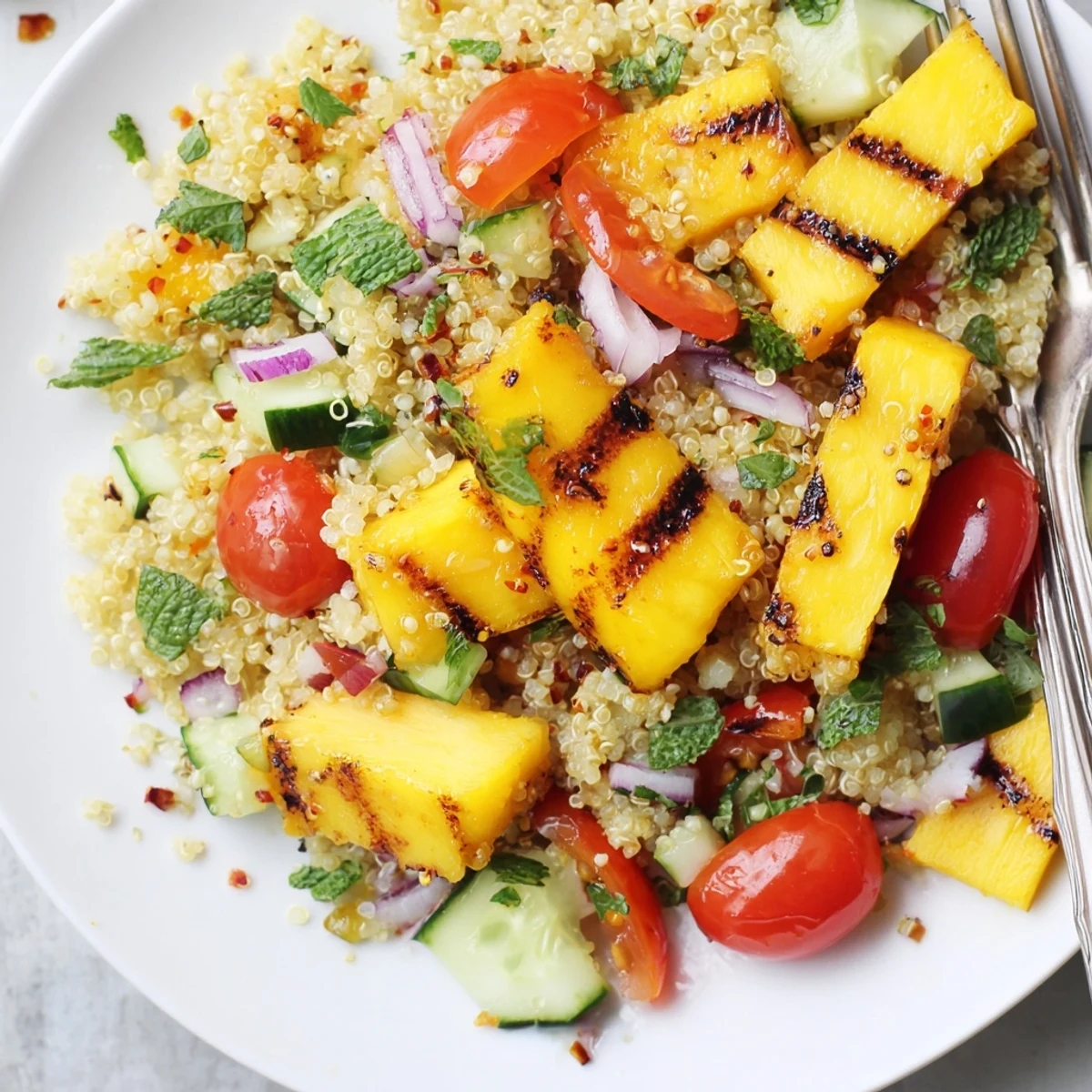 Smoky Grilled Mango Cilantro Quinoa Grain Salad in a bowl, perfect summer side