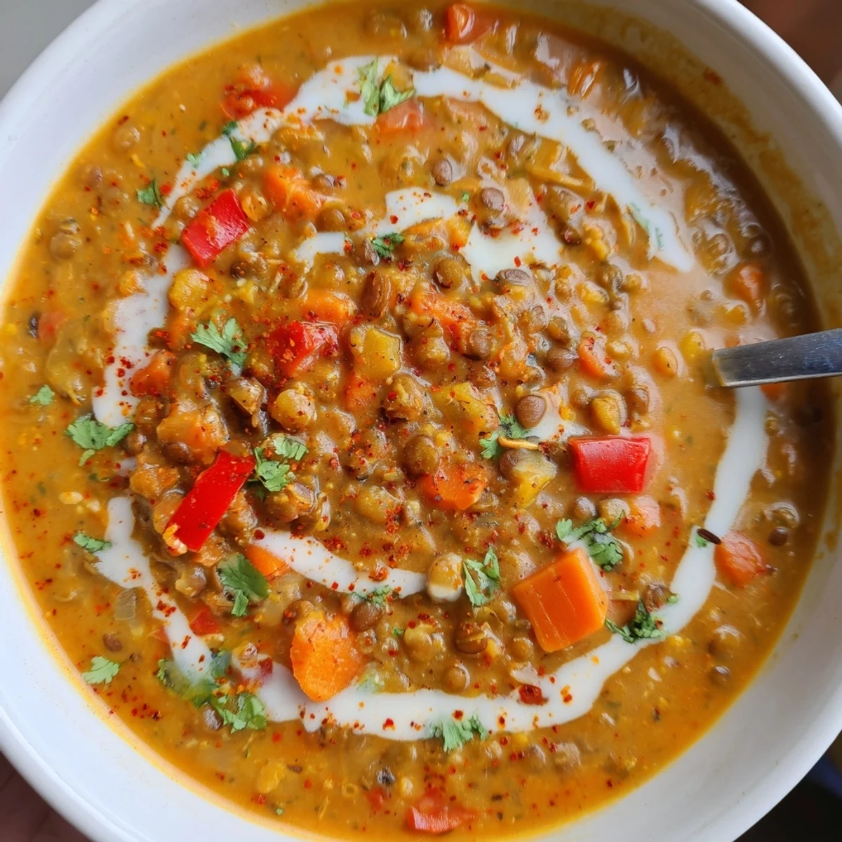 Spiced Coconut Tomato Brown Lentil Hearty Soup steaming, creamy bowl garnished with cilantro