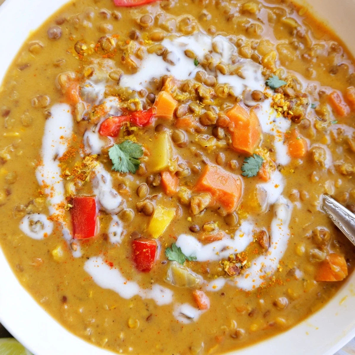 Spiced Coconut Tomato Brown Lentil Hearty Soup ladled into bowls with warm naan