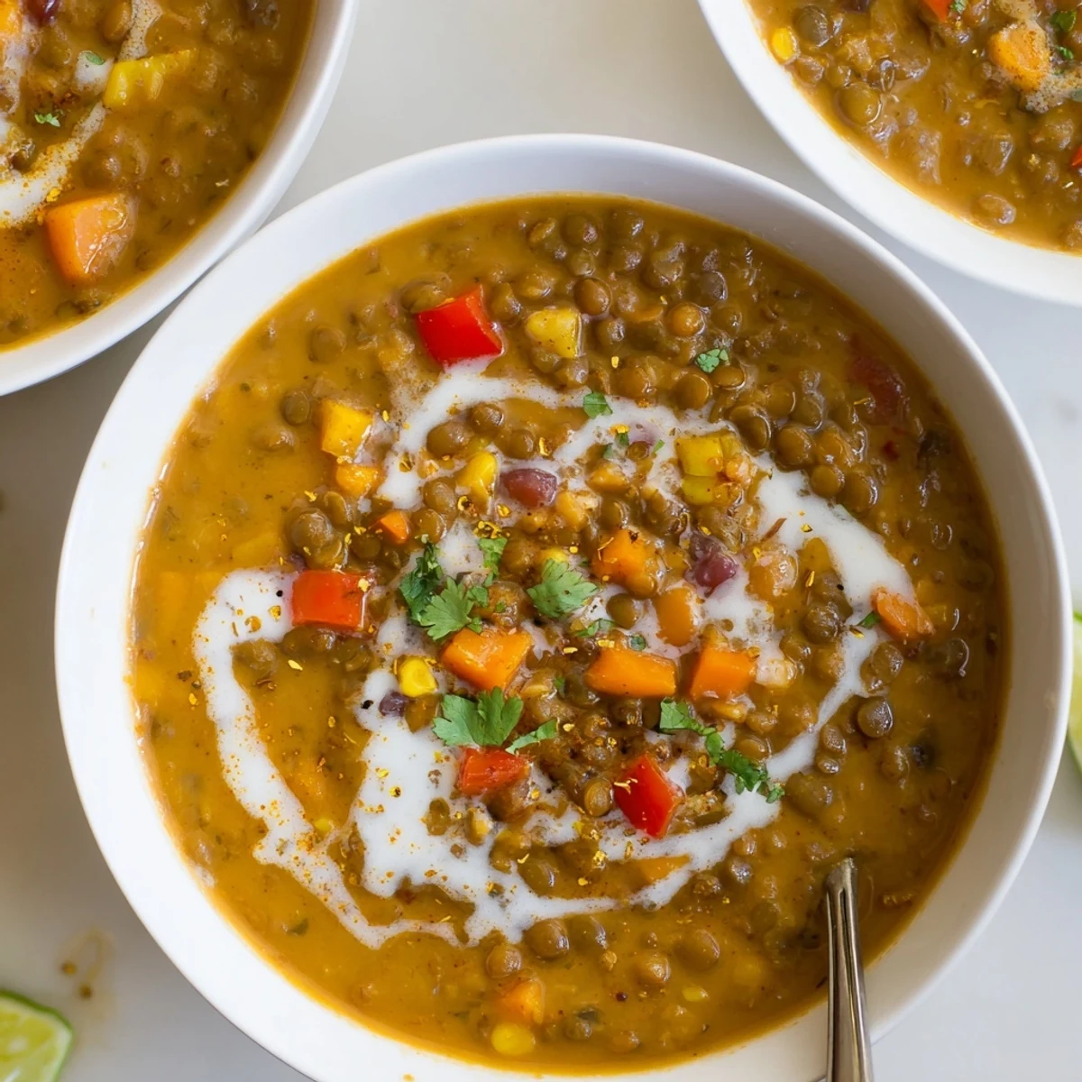 Spiced Coconut Tomato Brown Lentil Hearty Soup rich, aromatic broth finished with lime