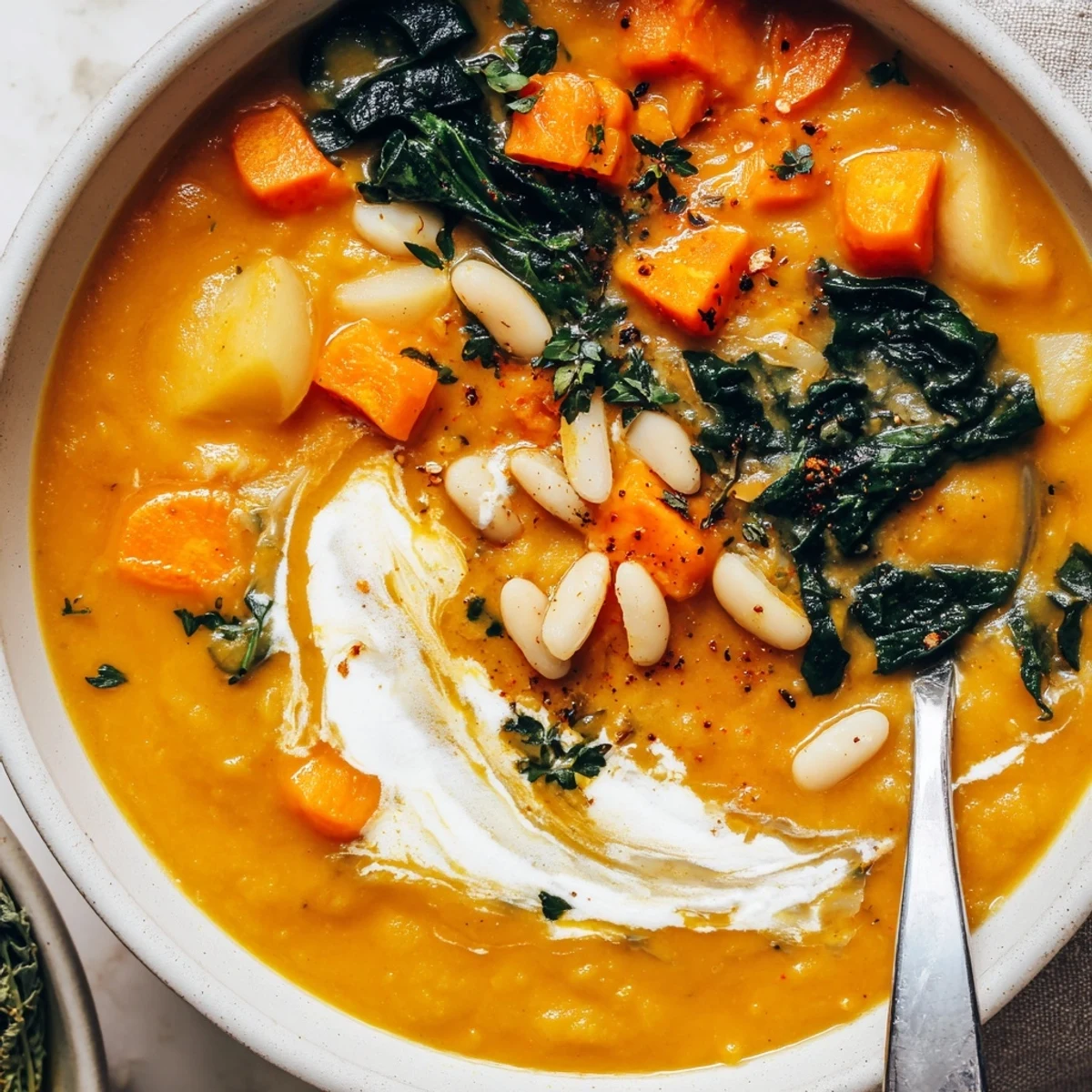 Creamy Roasted Carrot Top and White Bean Hearty Soup, velvety bowl garnished with herbs