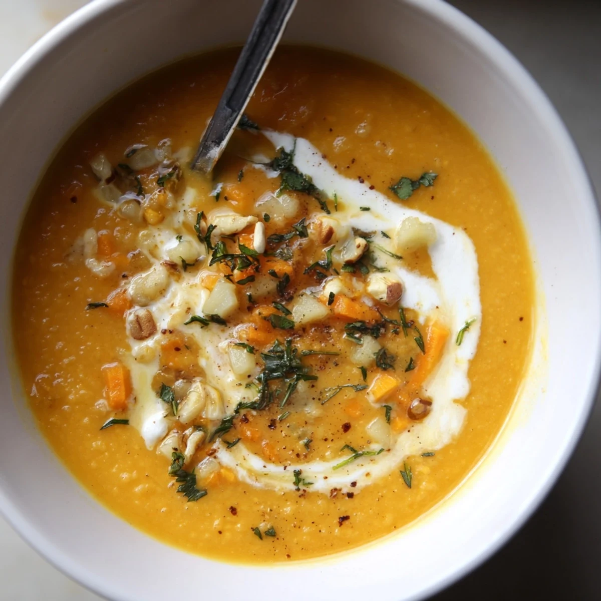 Bowl of Creamy Roasted Carrot Top and White Bean Hearty Soup steaming, crusty bread