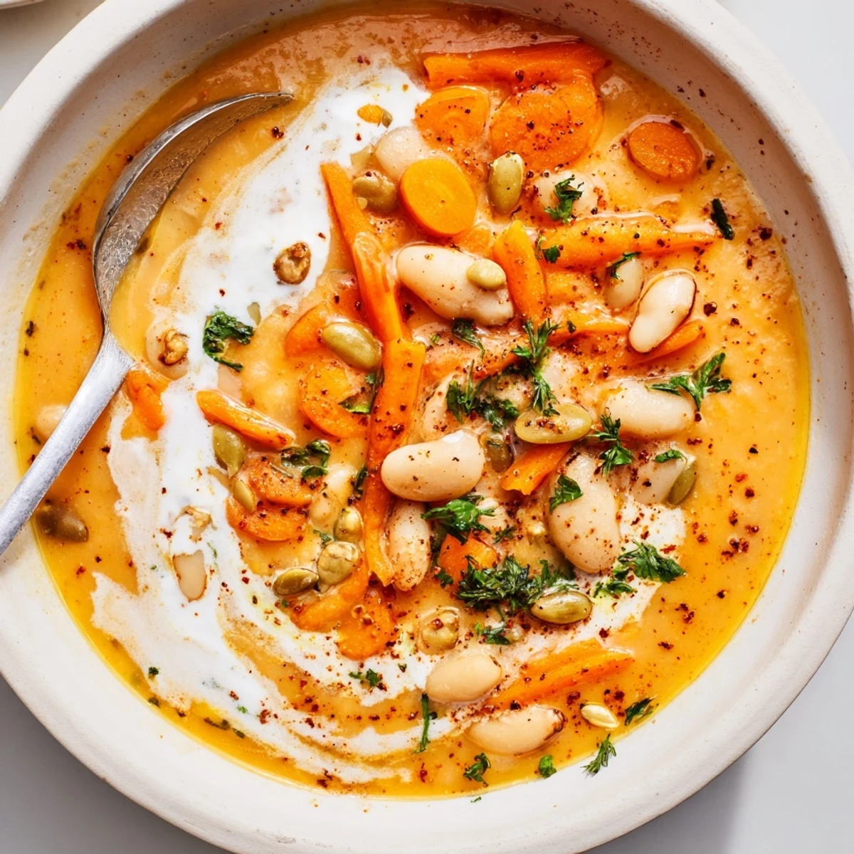 Spoon lifting Creamy Roasted Carrot Top and White Bean Hearty Soup, silky texture