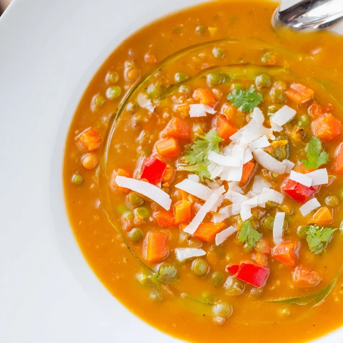Spiced Coconut Tomato Green Split Pea Hearty Soup steaming, creamy bowl garnished with cilantro