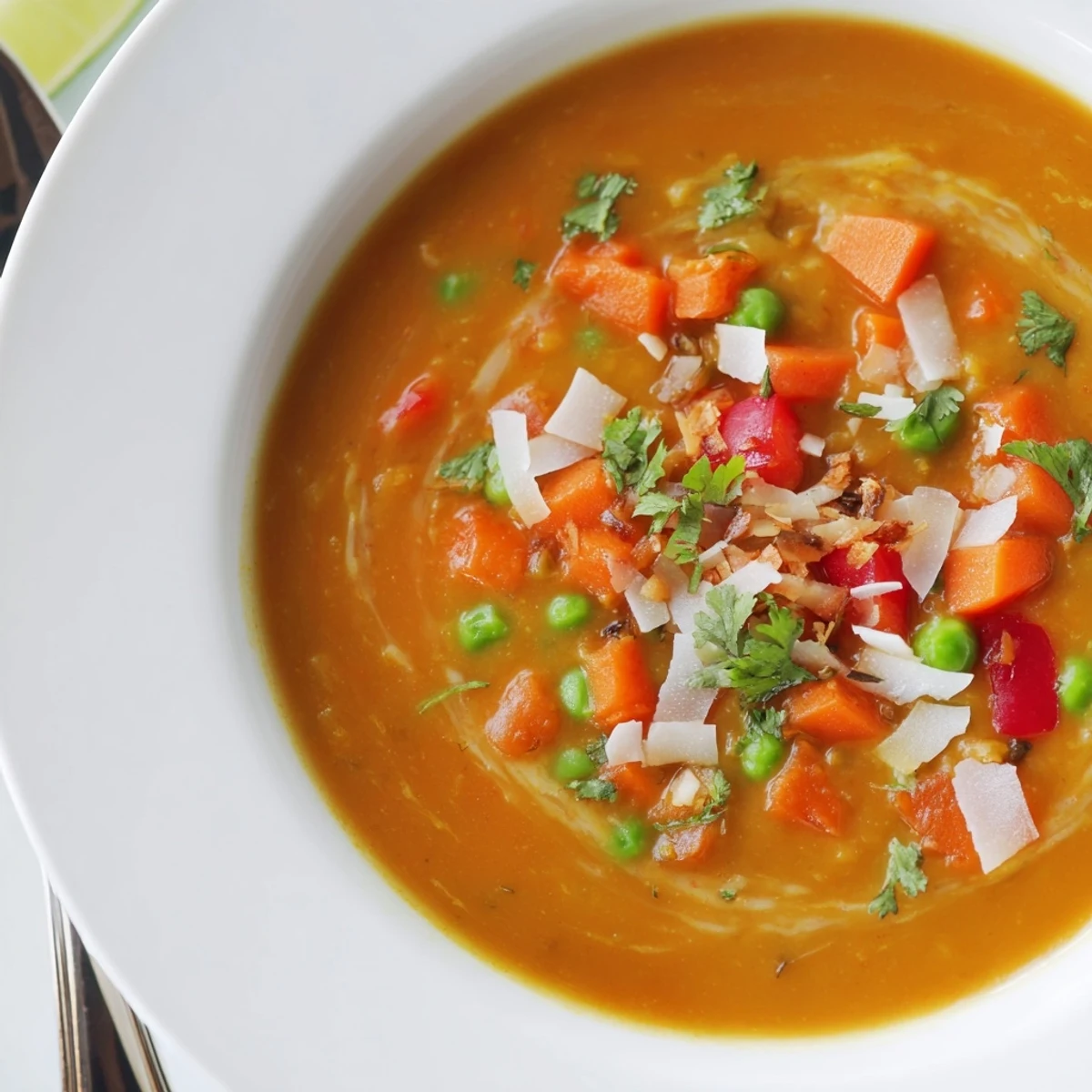Spiced Coconut Tomato Green Split Pea Hearty Soup thick, aromatic stew served with lime