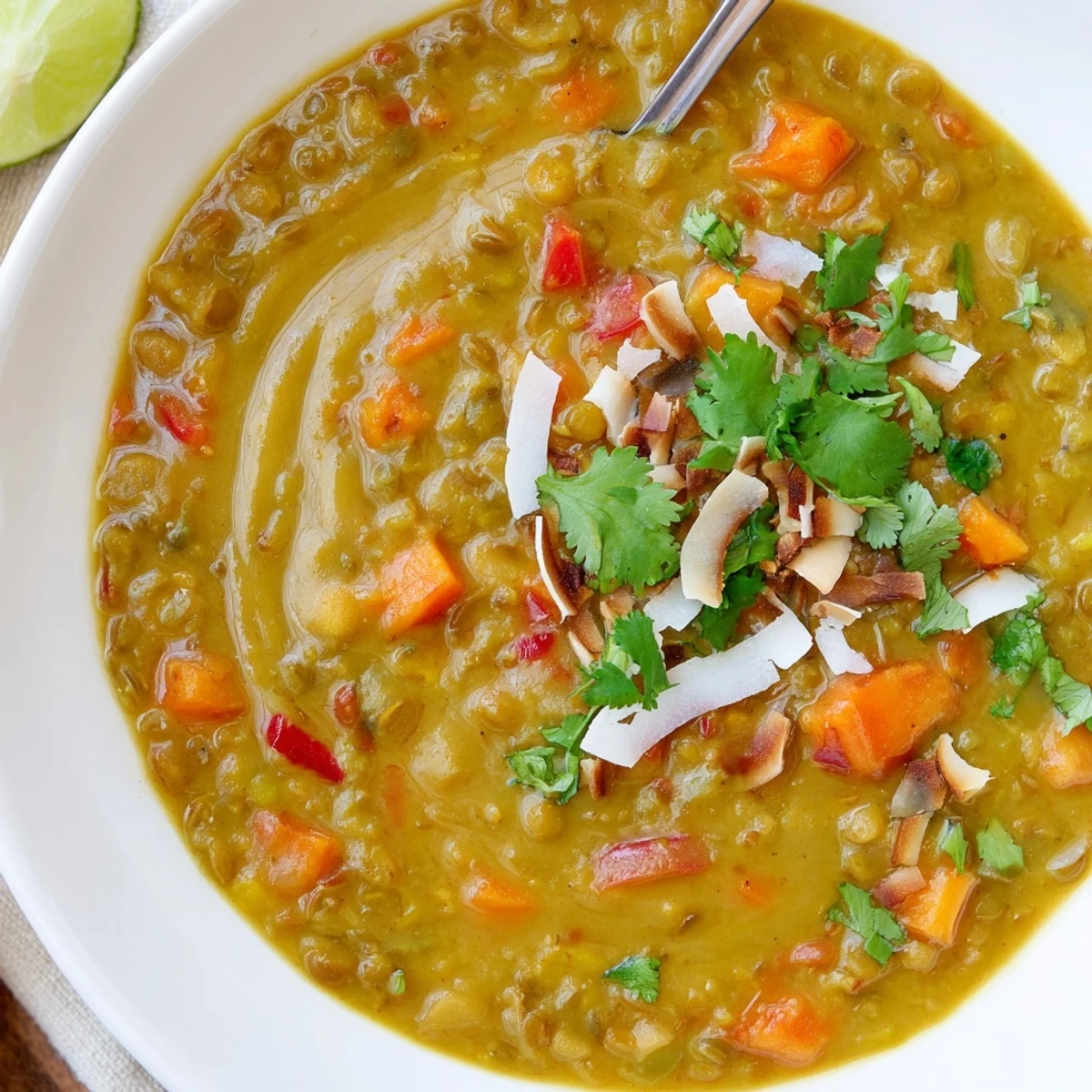 Spiced Coconut Tomato Green Split Pea Hearty Soup velvety comfort served with warm flatbread