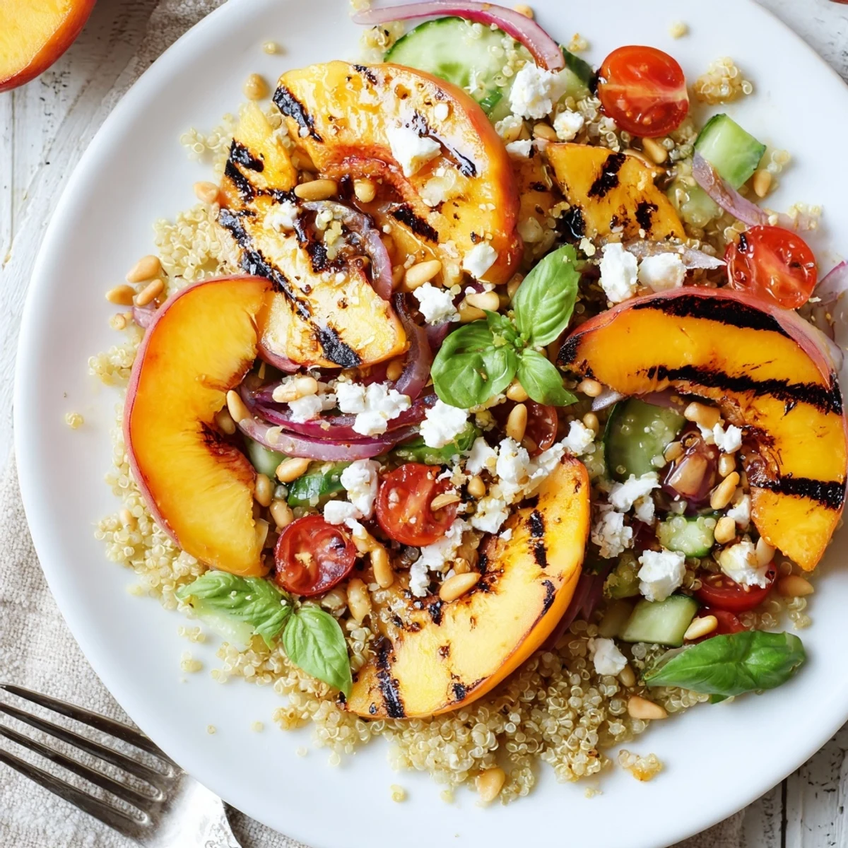 Grilled Peach Lime Basil Quinoa Grain Salad with charred peach slices, zesty lime dressing