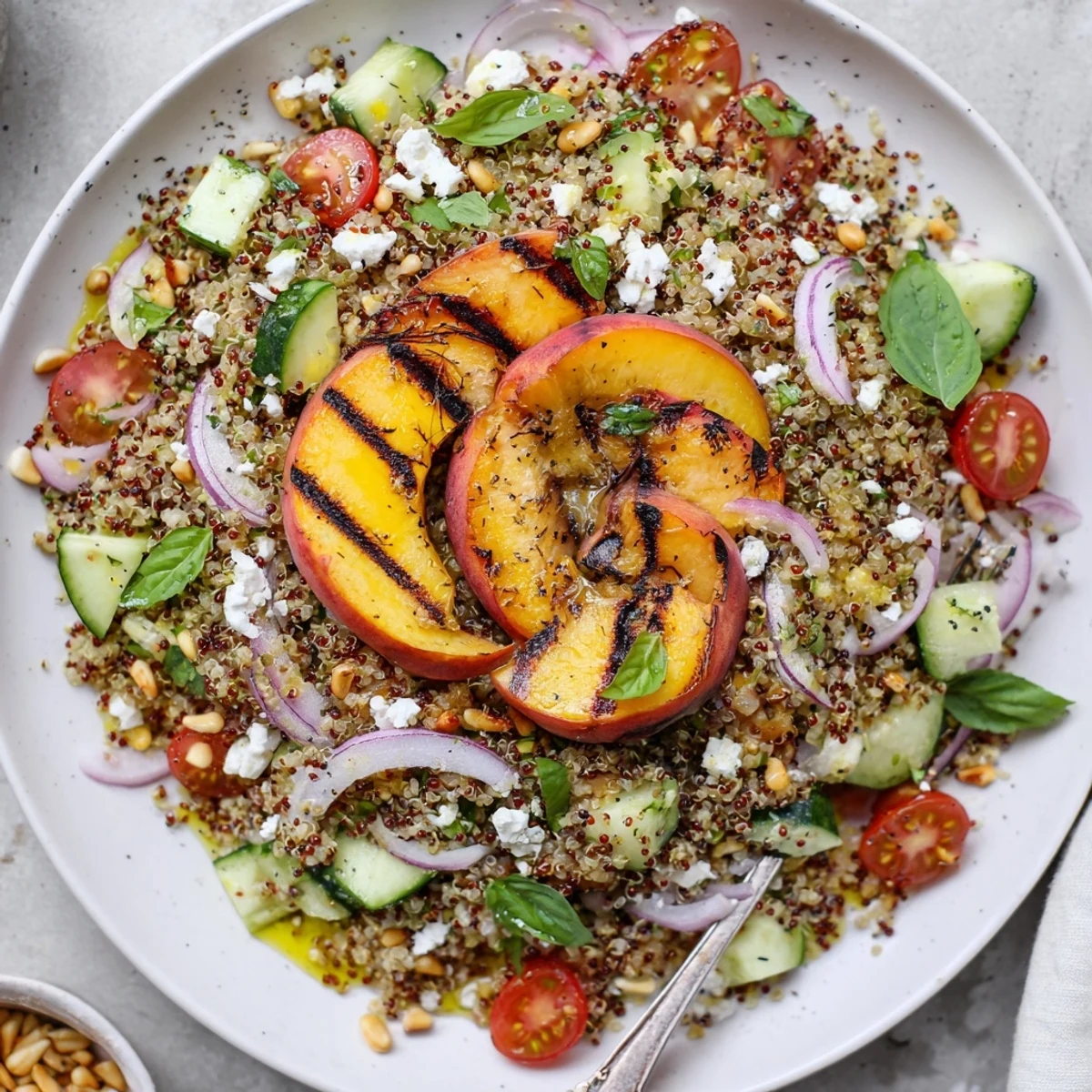 Fluffy quinoa, grilled peach halves, basil and lime—Grilled Peach Lime Basil Quinoa Grain Salad