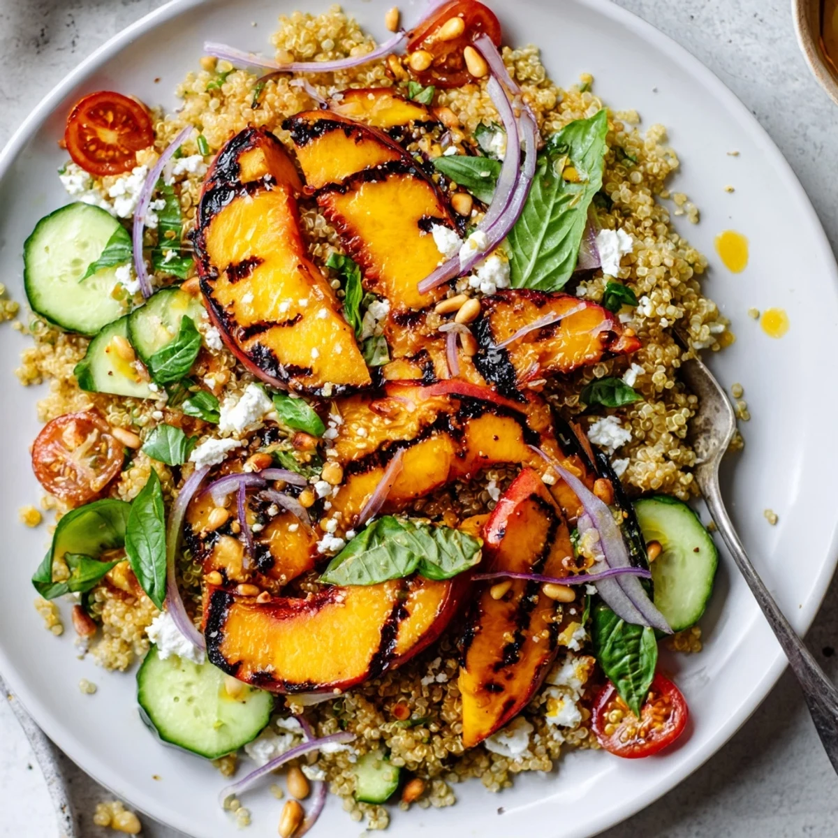 Bright, summery bowl of Grilled Peach Lime Basil Quinoa Grain Salad topped with feta