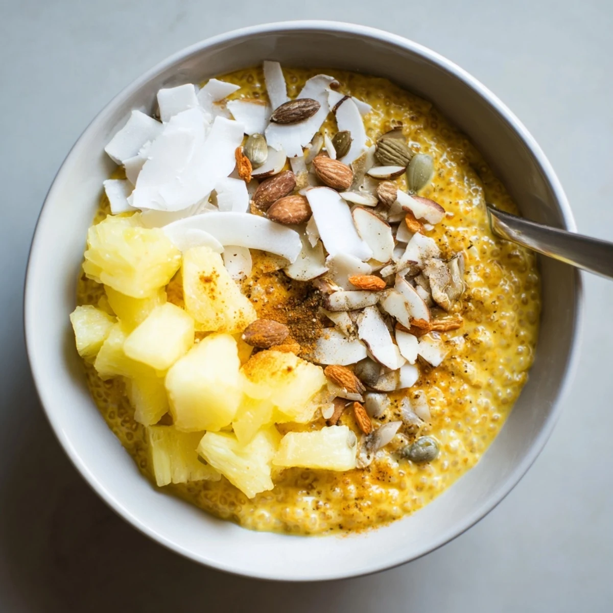 Pineapple Coconut Turmeric Chia Breakfast Bowl with creamy coconut pudding, tangy pineapple