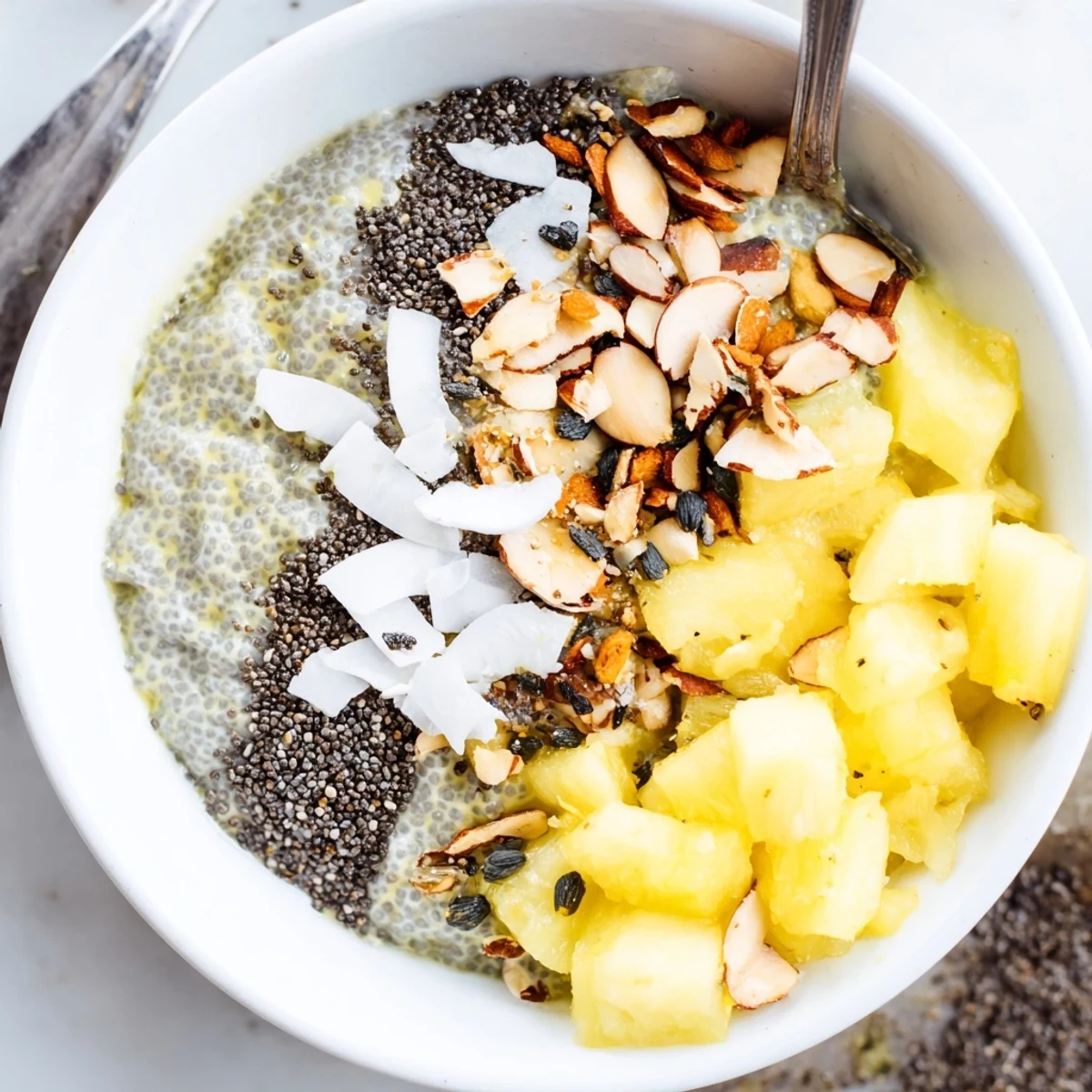 Glowing Pineapple Coconut Turmeric Chia Breakfast Bowl garnished with toasted coconut flakes