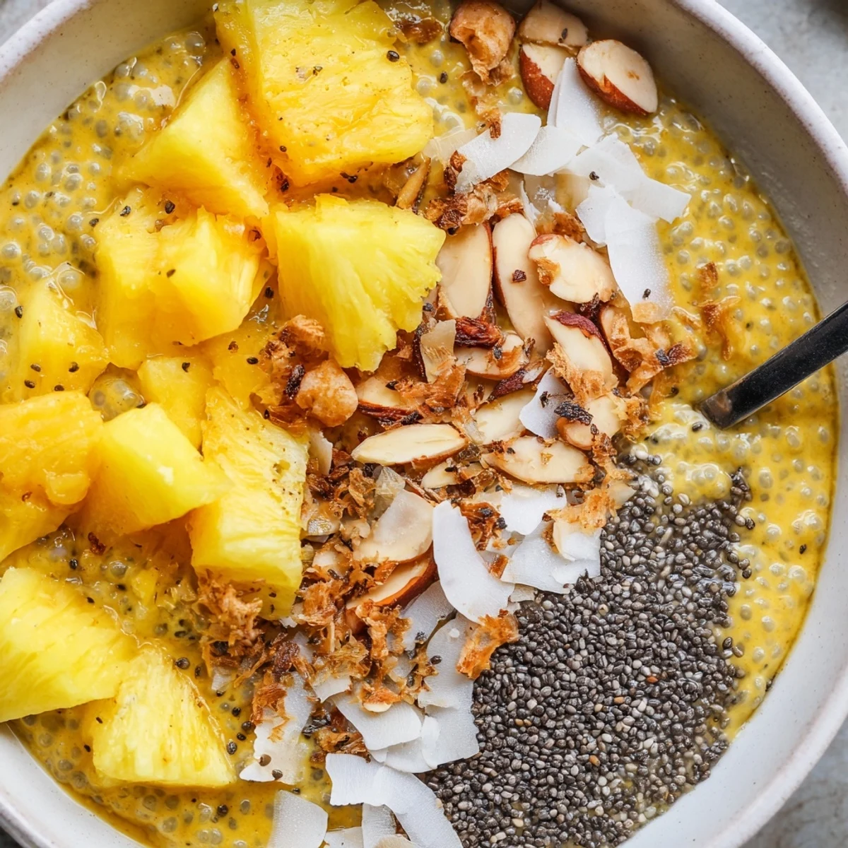 Pineapple Coconut Turmeric Chia Breakfast Bowl served chilled with crunchy toasted nuts