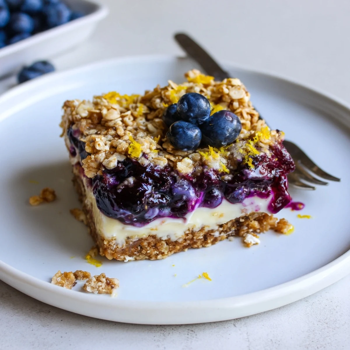 Sliced Blueberry Lemon Cashew Cream Crumble Bars revealing glossy blueberry filling