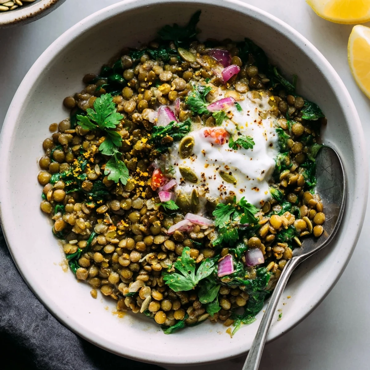Savory Garlic Turmeric Lentil and Spinach Breakfast Bowl steaming, bright lemon wedge