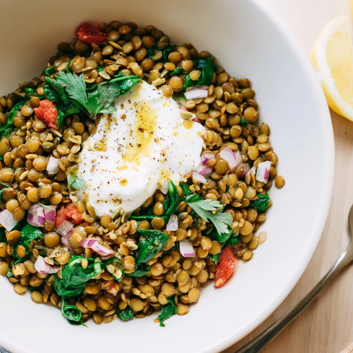 Savory Garlic Turmeric Lentil and Spinach Breakfast Bowl hearty, fragrant, ready for morning fuel