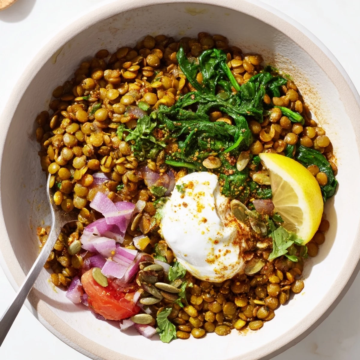 Savory Garlic Turmeric Lentil and Spinach Breakfast Bowl topped with toasted pumpkin seeds