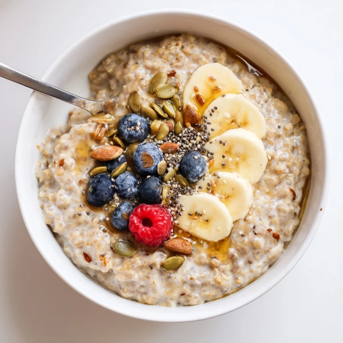 Creamy Vanilla Cardamom Buckwheat Porridge Breakfast Bowl topped with berries, warm.