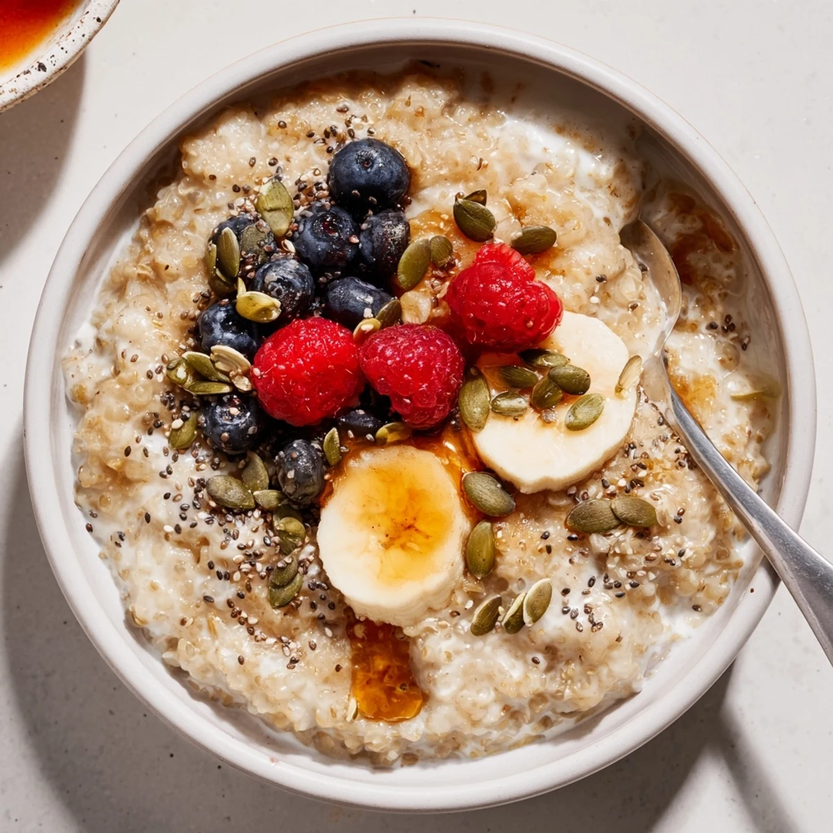 Fruit-topped breakfast scene featuring Vanilla Cardamom Buckwheat Porridge Breakfast Bowl, steaming.