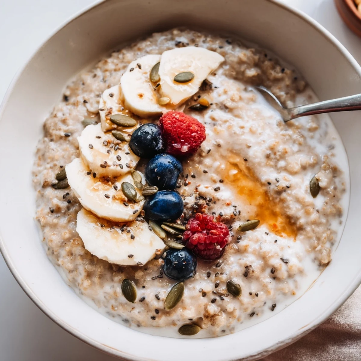 Hearty Vanilla Cardamom Buckwheat Porridge Breakfast Bowl drizzled with maple syrup.