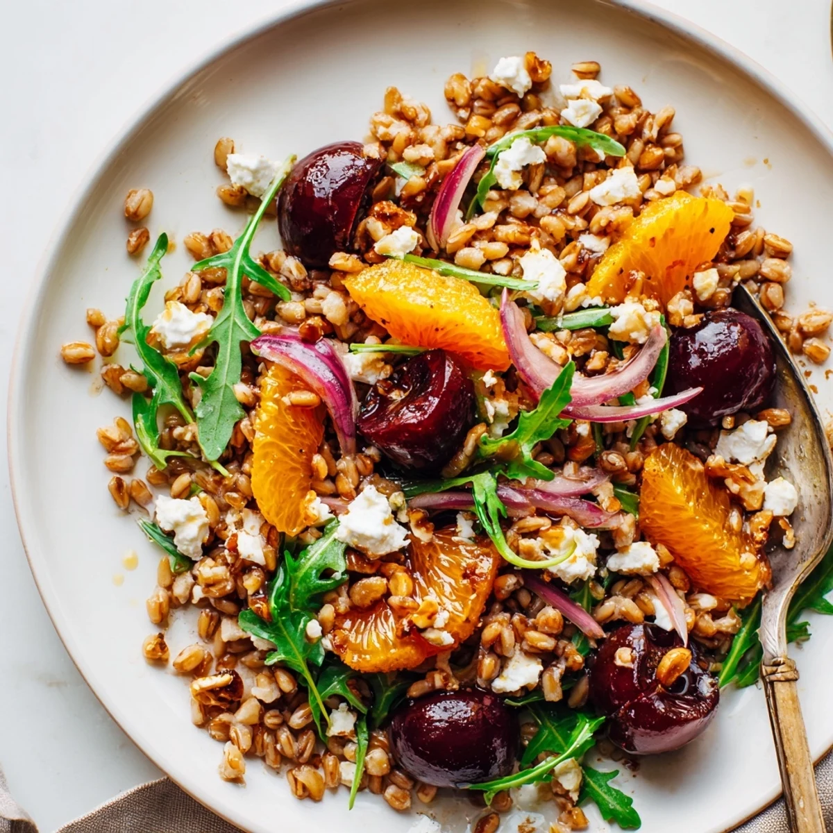 Roasted Cherry Orange Farro Grain Salad with caramelized cherries, orange segments, and arugula
