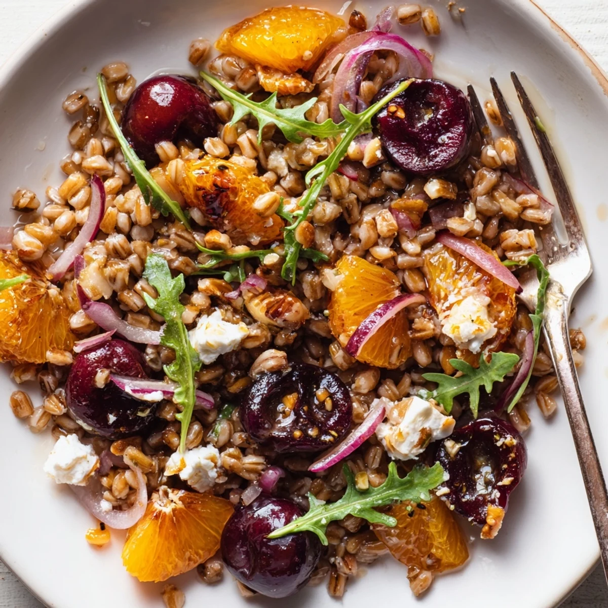 Roasted Cherry Orange Farro Grain Salad served chilled with chewy farro and toasted walnuts