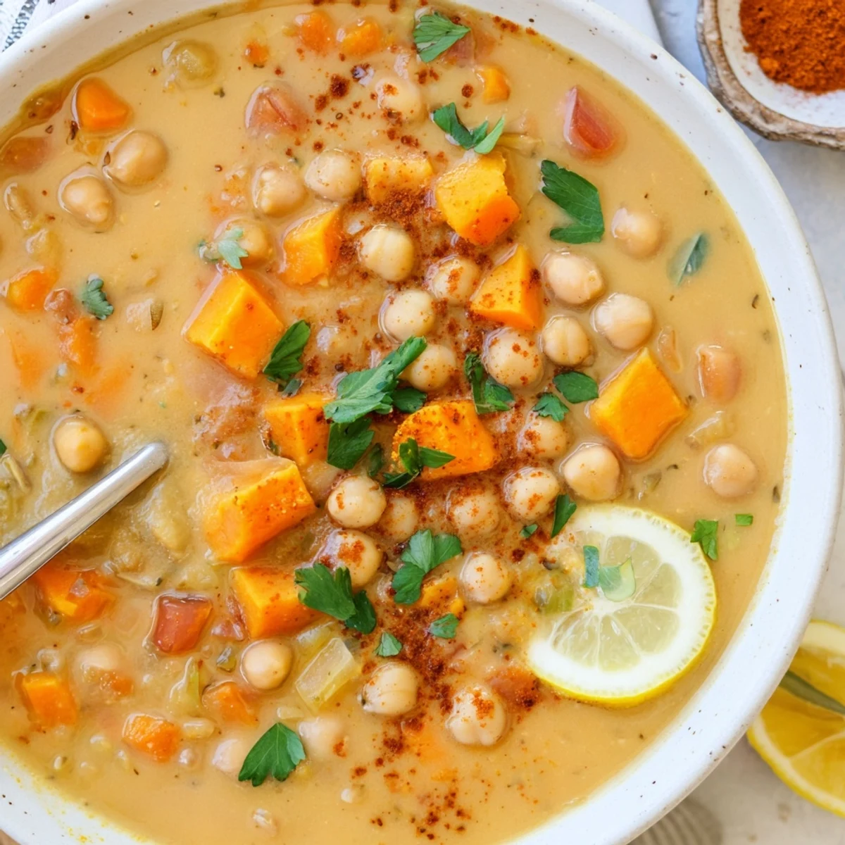 Creamy bowl of Smoky Chickpea and Sweet Potato Hearty Soup, garnished with cilantro.