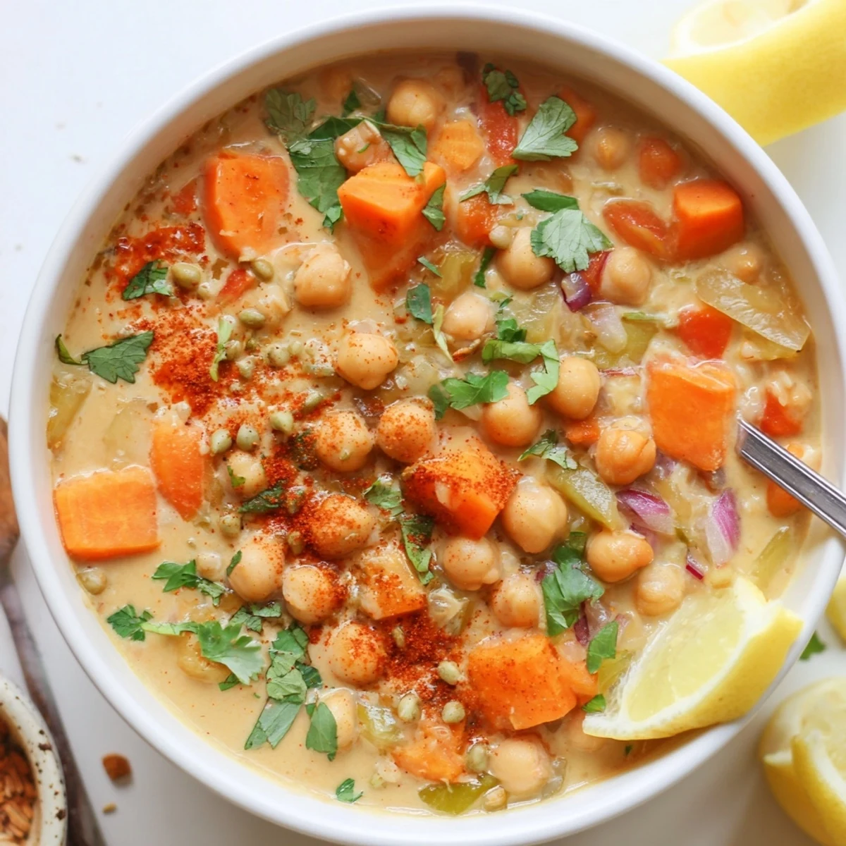 Steam rising from Smoky Chickpea and Sweet Potato Hearty Soup, served with bread.